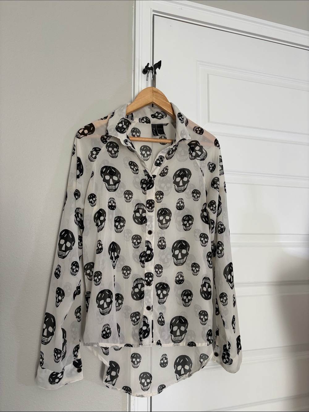 Fun & Flirt White Button-Down Shirt with Black Skull Print